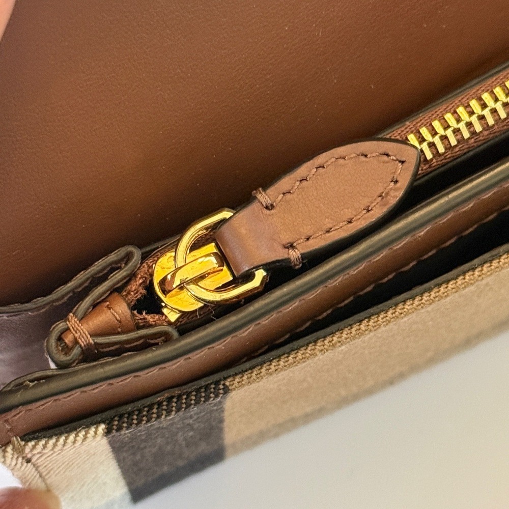Burberry Classic Check Leather Envelope Continental Wallet Tan Beige Gold Snap - Picture 8 of 9